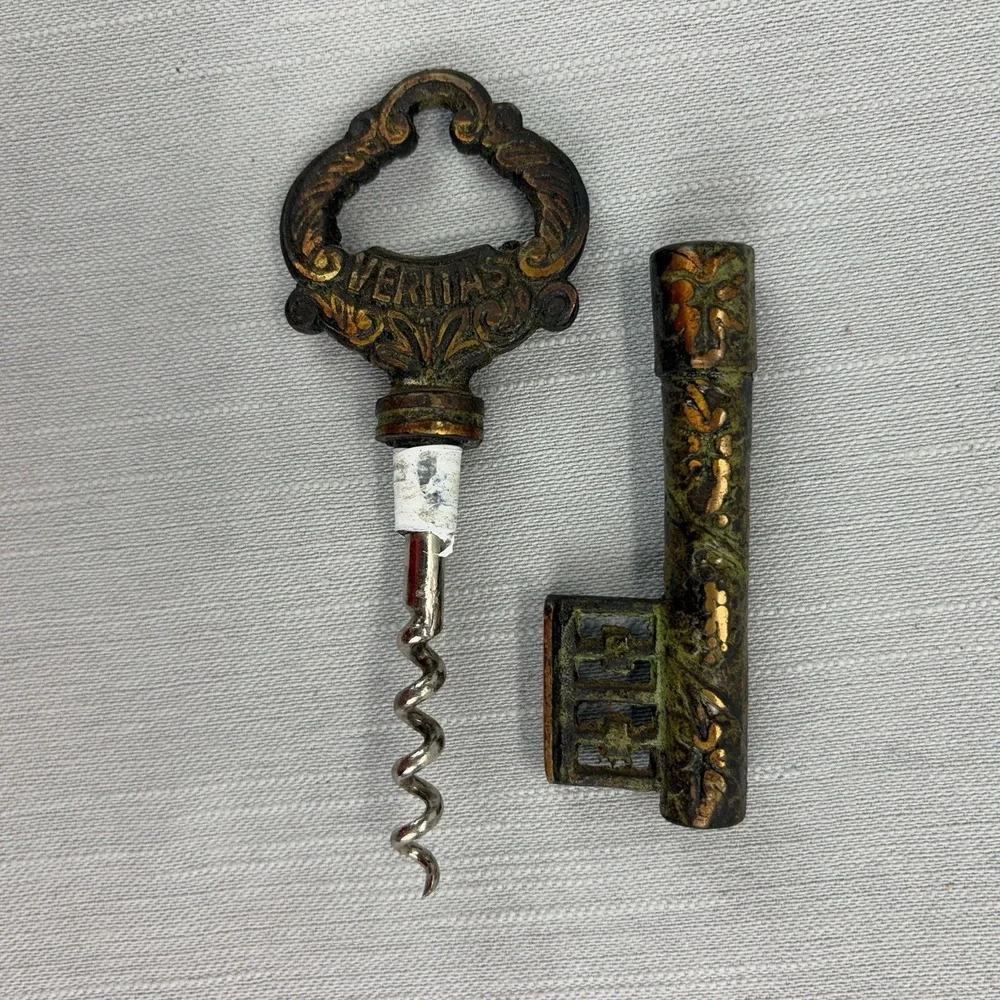 Vintage Veritas Cast Iron Corkscrew & Decorative Key Bottle Opener Set Barware